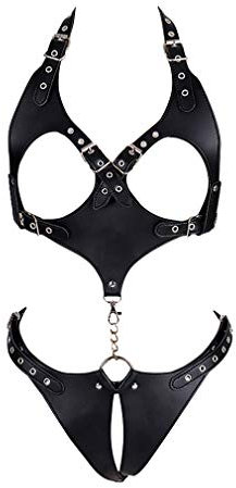 PETMHS Frauen Brustgeschirr Leder Ganzkörperkäfig Aushöhlen verstellbare Punkgürtel Gothic Festival Rave Dessous Schwarz