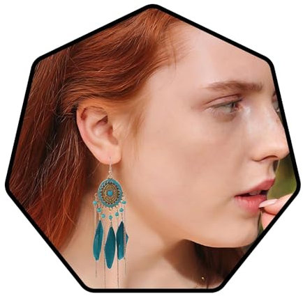 Bohend Boho Feder Quaste Ohrringe Gold Lange Türkis Ohrring Böhmen Reise Strand Perlenkette Ohrzubehör zum Frauen und Mädchen(Blau)