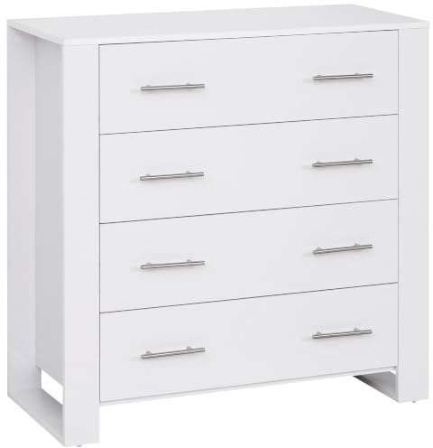 HOMCOM Chest Of 4 Drawers Storage Cabinet for Bedroom Clothes White | Metal Handles, Freestanding Unit, Furnishing, Living Room