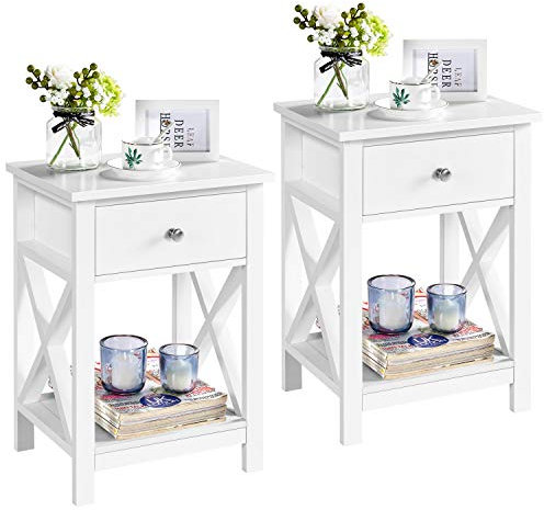 Yaheetech 2pcs Mesitas de Noche con Cajón y Estante 40x30x55cm Mesillas de Noche Vintage para Dormitorio Mesa Auxiliar para Salón Sala de Estar Blanco Satinado