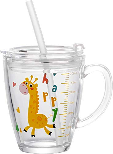 Tasse à Lait pour Enfant avec Echelle Gobelet en Verre avec Paille Cartoon Mignon Verre Doseur Transparent Tasse à Mesureur Résistant à la Chaleur Mug à Boire Micro-Ondes avec Couverture Anti-Fuite