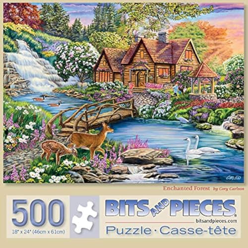 Bits and Pieces - Puzzle de 500 pièces pour adultes 46 cm x 61 cm – Forêt enchantée – Maisonnette de forêt, animaux de la nature, cascade d'eau par l'artiste Cory Carlson
