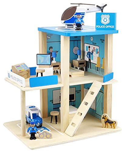 Wooden Police Station Playset Toy, Multicolor 3-Level Pretend Play Dollhouse Set with Figures, Car, Helicopter and Accessories, Preschool Learning Educational Toys for Toddlers Kids Age 3 and up