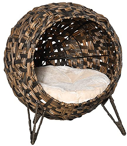 PawHut Katzenhaus aus Rattan mit Kissen Katzenschlafplatz Katzenhöhle mit erhöhten Füßen Braun Ø52 x 58 cm