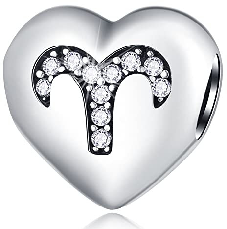 Aries Zodiac Sign Charms, fits Pandora Birthday Bracelet, 925 Sterling Silver Heart Beads I Love My Constellation with CZ, Ari Star Symbol Horoscope Gifts for Mum/Friends/Sister