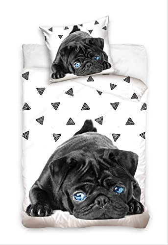 rainbowFUN Bulldogge Wende-Bettwäsche-Set 135x200 / 80x80 Baumwolle Reißverschluss Hund Bully, Weiß, Schwarz, Blau