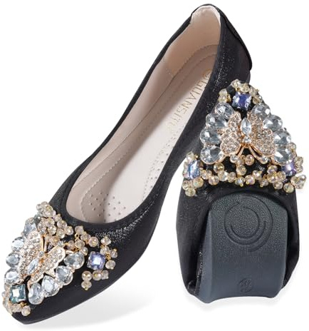 MACHSWON Women Ballet Flats Butterfly Rhinestones Wedding Ballerina Shoes Foldable Sparkly Comfort Slip on Flat Shoes Dress Flats for Women(Black 6, Size 4)