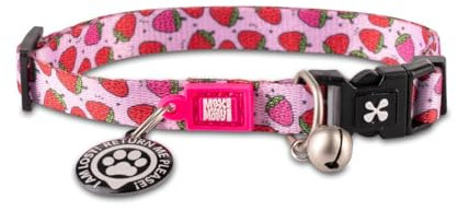 Max & Molly Katzenhalsband mit Glöckchen, Sicherheitsschnalle, verstellbare Größe und Smart ID, personalisiertes Etikett für Mädchen oder Jungen, Erdbeer-Design