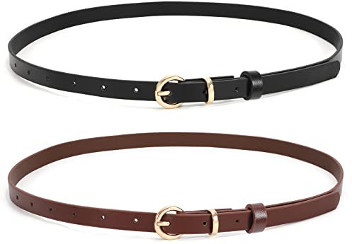 WHIPPY 2er-Pack dünner Damen Ledergürtel schmaler Taillengürtel schmal Gürtel mit goldener Kreisschnalle für Kleid Hose Jeans,schwarz/kaffee,90cm