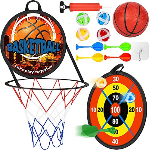 2-in-1-Basketballkorb für Kinder, Darts für Kinder, Faltbares Sportspielzeug für Den Außenbereich, Mit Lustigem Basketball Spielzeug, Weichem Ball, Pumpe, Klebrigen Bällen und Darts (2-in-1)
