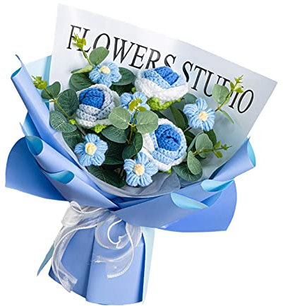 Gralara Fertiger gehäkelter Blumenstrauß, gestrickter Blumenstrauß, künstliche Blumen, Ornament für Geschenke zum Muttertag, Valentinstag, Jahrestag, Blau