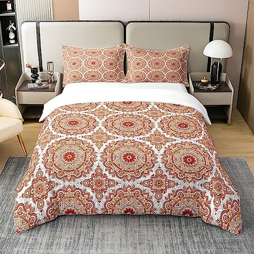 100% Bio Baumwolle Korallen Medaillon Bettwäsche Set 135x200 Boho Damast Floral Bettbezug Böhmische Paisley Mandala Trostbezug für Mädchen Teen Frauen,Luxus Weiche Atmungsaktive Quilt Cover