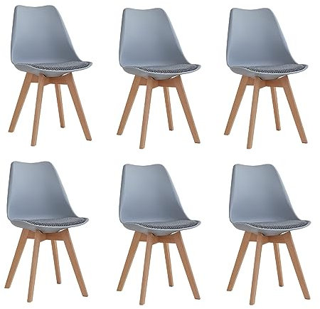 BenyLed - Juego de 6 sillas de comedor escandinavas, sillas de cocina modernas con cojín de tela, sillas auxiliares de lino con patas de haya, color gris