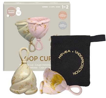 Hevea Loop Menstruationstasse Kombi-Pack Größe 1&2 (Golden Blush & Golden Sand), aus 100% Naturkautschuk - Weichste Periode Cup - Bis zu 12 Stunden tragbar