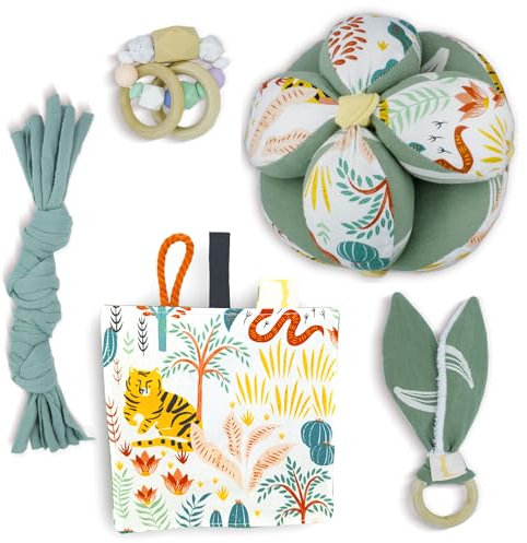 Surikatokids - Cesto de los Tesoros Montessori con pelota sensorial - Juguetes bebe 6 meses (Cesta Selva)