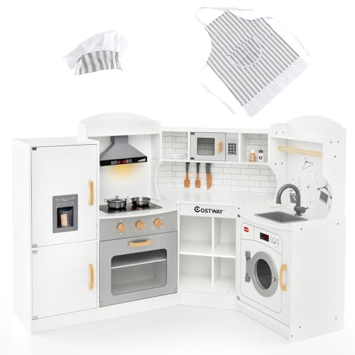 COSTWAY Cuisine Enfants en Bois avec Lumière & Effet Sonore, Jeu de Cuisine d'angle avec 14 Accessoires & Micro-Ondes, Espace de Stockage, Jouet d’Imitation pour 4 Enfants de 3-10 Ans (Blanc)