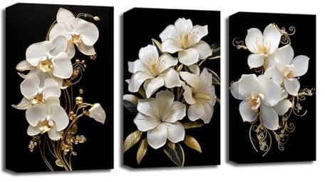 CXHOSTENT Weiße Blumen Leinwand Wandbilder 3-teilig Lilien- und Orchideen Blumenbilder abstrakte Blumen Kunstdrucke elegante Blüten Wanddekoration (A, 28.00 x 35.00 cms x 3PCS)