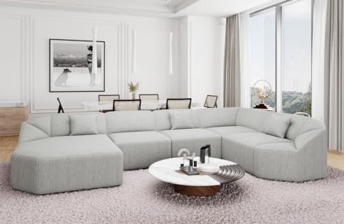 Wohnlandschaft Cabrera U Form Stoffsofa Sofa in Strukturstoff Designersofa Webstoff (Hellgrau, Ottomane Links)