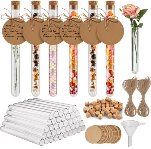 OFFCUP Reagenzgläser Set, 40 Stück Kunststoff Reagenzglas mit Korken 16*150mm Transparent Reagenzgläser für Blumen Reagenzglas mit Kraftpapieranhänger, Hanfseil und Trichter, für Bonbons, Blumen, DIY