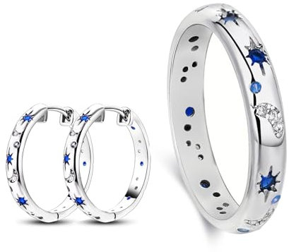 GoPaw Silber Frauen Ringe Mond Stern, S925 Mond Stern Ringe Damen Silber Ring, Cubic Zirkonia BFF Ring Monds und Sterns Statement Rings für Frauen Größe 49-59mm (Silber-Ohrringe Ring, 9)