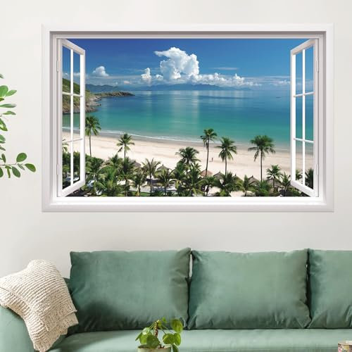 TOARTI 3D Strand Palme Wandtattoo Durchbruch Wandaufkleber für Wohnzimmer Schlafzimmer Küche Flur Bad Deko Mittelmeer Meer Fensterblick Aufkleber Natur Landschaft Deko 82x53cm(BxH)