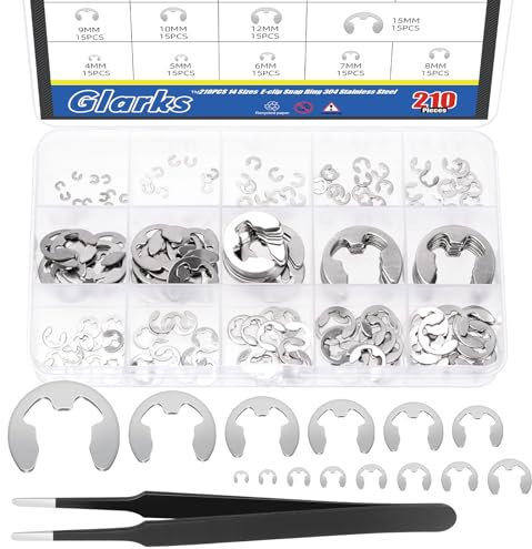Glarks Set di 211 anelli di fissaggio in acciaio inossidabile 304, 14 misure, anelli di sicurezza esterni trattati termicamente, clip di fissaggio E-Clips anelli di sicurezza con pinzette per