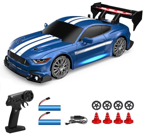 Dodoore Ferngesteuertes Auto 30+km/h 1/24 RC-Drift-Auto 4WD Hohe Geschwindigkeit Rennauto 50+Min. Spielzeit Coole LED-Leuchten Auswechselbare Reifen Wiederaufladbar Kindergeschenk 2 Batterien Blau