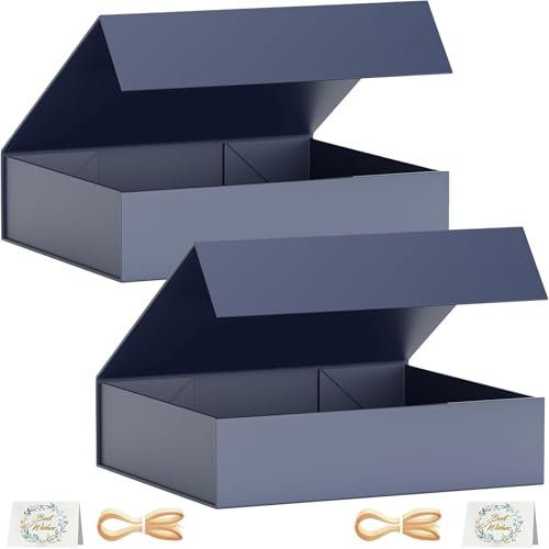 2 Pack Geschenkbox, 30x20x7,6 cm Geschenkboxen für Presents with Lids Magnetic Closure Rectangle Collapsible for Groomsman Proposal Box, Christmas, Halloween, Birthday Gift Packging (Dunkelblau)