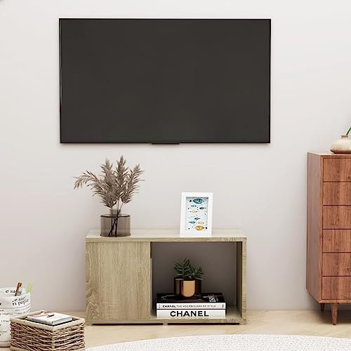 Sufrk Meuble TV chêne Sonoma 60 x 24 x 32 cm en aggloméré, meuble TV mobile, meuble de télévision, meuble industriel table basse vintage console pour salon