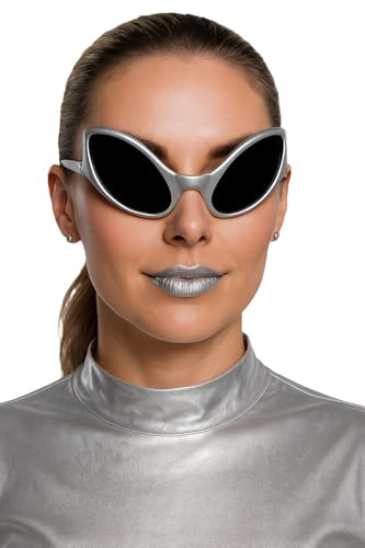 FIESTAS GUIRCA | Kostüm-Brille Alienaugen Erwachsene - Silber - Schwarz | Riesige Alien-Augen | Metallic-Look | Ovale Form | Schwarze Gläser | PVC | Halloween, Karneval & Fasching