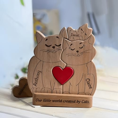 Drawelry Personalisiert Tier Holz Puzzle Ornamente mit 2–5 Familie Namen Gravur Skulptur Hund Katze Maus Pinguin Fuchs Statue Puzzles Dekoration für Weihnachten Neujahrs Geschenke (Katze)