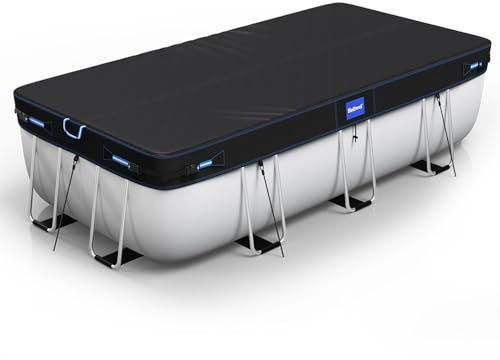 Holiwei Bâche de piscine rectangulaire de 2,1 x 3 m avec bandes réfléchissantes pour piscine hors sol, couverture solaire avec cordon de serrage et clous de sol 420D pour piscine rectangulaire ou