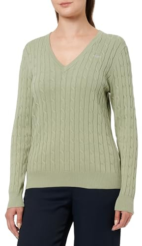 GANT Women's Stretch Cotton Cable V-Neck Pullover Sweater, Faded Sage, M