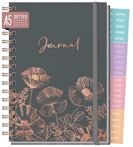 Häfft® Bullet Journal Fancy - Hardcover Notizbuch A5 dotted, 120 g/m²-Papier, Rosègold-Prägung, 160 Seiten - Ringbuch, Tagebuch Poppy