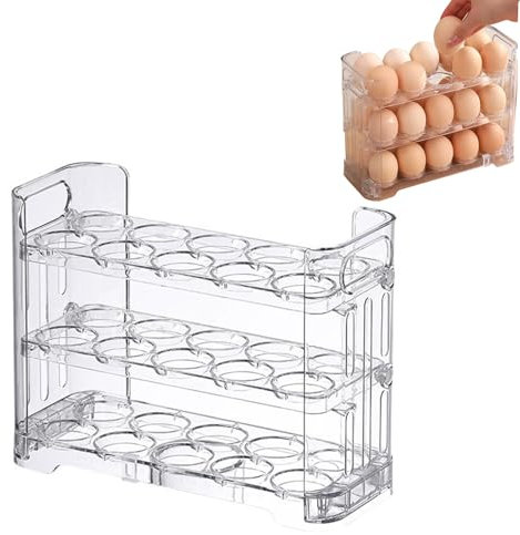 Caja de almacenamiento de huevos transparente de 3 niveles, organizador de nevera de 30 capacidades con diseño de apertura lateral, soporte duradero para huevos para cocina y refrigerador, bandeja de