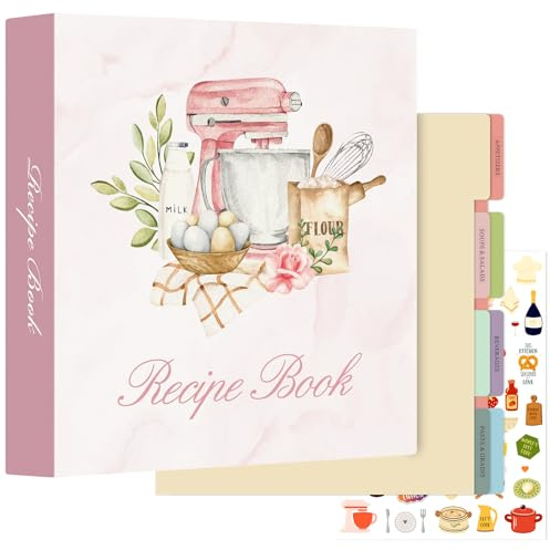 Lanpn Rezepte Ordner 3 Ringen für Kochrezepte, Kochbuch Selbst Schreiben, Leder Recipe Binder Rezeptordner mit 8 Trennblättern und 2 Aufklebern, DIY Rezeptbuch zum Selberschreiben, Rose, Englisch