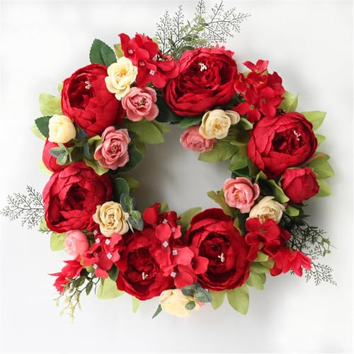 40 cm Türkranz Frühling, Künstlicher Pfingstrosenkranz, Dekorative Kränze, Wandkranz, für Frühlings-Sommer-Osterdekoration, Zuhause, Parties, Türen, Hochzeiten (Großes Rot)