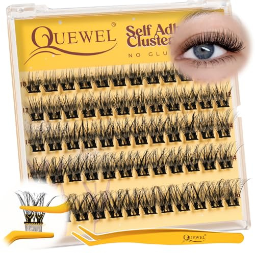 QUEWEL Pre-Glued-Cluster-Lashes Kit Natural Self Adhesive Eyelashes, D Curve Pre Glued Eyelashes, Strong Hold 10-16MM No Glue Needed Self Adhesive Lashes at Home(MJ01-new)