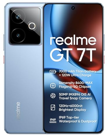 realme GT 7T 5G Smartphone 12+256GB, IceSense Blue, 6.8 inch Screen, 120Hz Display, 120W Ultra Charge, 7000mAh Battery, 58MP AI Camera, MediaTek Dimensity 8400 Chipset, IP68