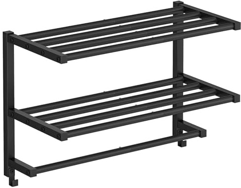 HOOBRO Towel Rail Wall Mounted, 60cm Towel Storage for Bathroom, 3 Tier Towel Shelf with Tower Bars, Bathroom Storage Organizer for Towels and Toiletries, Towel Rack with Hooks, Black EBK08LB01