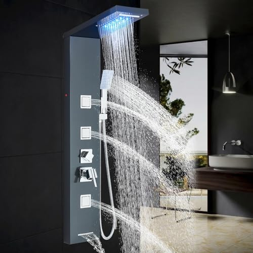 Zamery Duschpaneel mit Armatur 5 Funktionen Duschpaneel mit LED Regen Dusche 3 Massagedüsen Handbrause und Wasserfall Wanneneinlauf,Edelstahl Schwarz