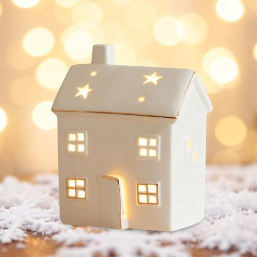 Recitem Weihnachtsdeko Keramik Weihnachtshäuser mit Beleuchtung, Weiß Weihnachtsdorf mit Beleuchtung Weihnachtshaus Beleuchtet Batteriebetrieben Porzellan Lichterhäuser Weihnachten Deko Häuschen (C)