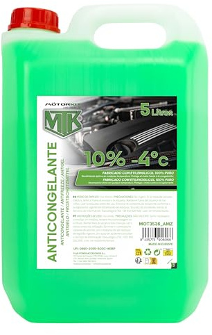 Motorkit MTK Anticongelante Refrigerante Verde 5 L, –4°C, Uso Directo, 10%, 100% Etilenglicol Puro, Protección del Motor Frente a la Congelación y el Sobrecalentamiento