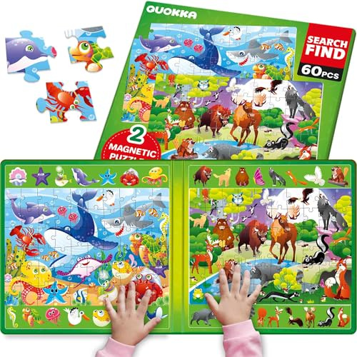 QUOKKA Magnetpuzzles für Kinder 3 4 5 Jahren – Such und Find Rätsel - 2 Set 60 Teile Puzzles – Reisefreundliches Puzzle mit Ozean und Waldtiere – Pädagogisches Puzzle ab 3 Jahre