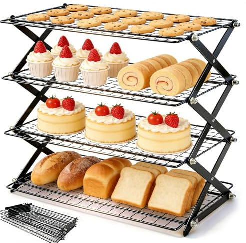 Kryvella 4 Stöckiges Abkühlgitter, Kuchengitter Auskühlgitter rechteckig 45.5 x 25 cm, Kühlgitter für Gebäck, Kekse und Muffins, Küche Backen Zubehör platzsparend faltbar