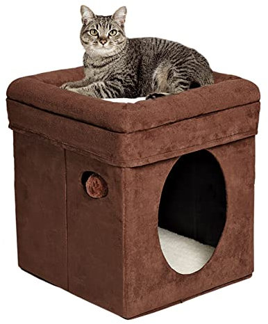 MidWest Homes for Pets The Original Curious Cat Cube Modèle 137-BR Maison pour chat, Refuge pour chat en imitation daim marron et peau de mouton synthétique