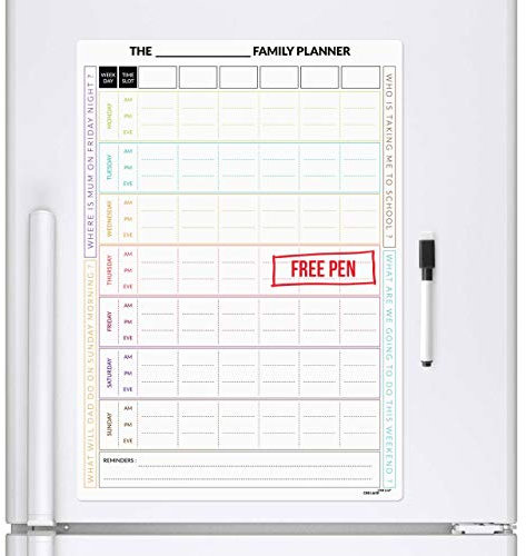 CKB LTD® 7 Day Magnetic FAMILY PLANNER Fridge Board Space for up to 6 individuals Daily Weekly Chore Rota Task Reward Chart with Marker Pen Time Slots for Morning Afternoon Evening Exam Organised