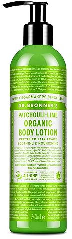 Dr Bronner's 3-in-1 Patchouli & Lime Organic Hand and Body Lotion, Made with Organic Oils, Used for Hands, Face and Body, Certified Fair Trade & Vegan Friendly, 236ml Recycled Pump Bottle