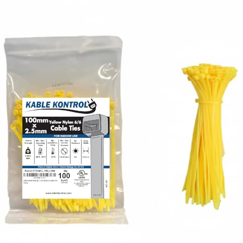 Kable Kontrol Yellow Cable Ties, 100 mm x 2.5 mm, Pack of 100, 4 Premium Nylon Zip Ties, Multi-Purpose Plastic Tie Wraps, Secure Self-Locking Mechanism, for Home, Garden, Office and DIY