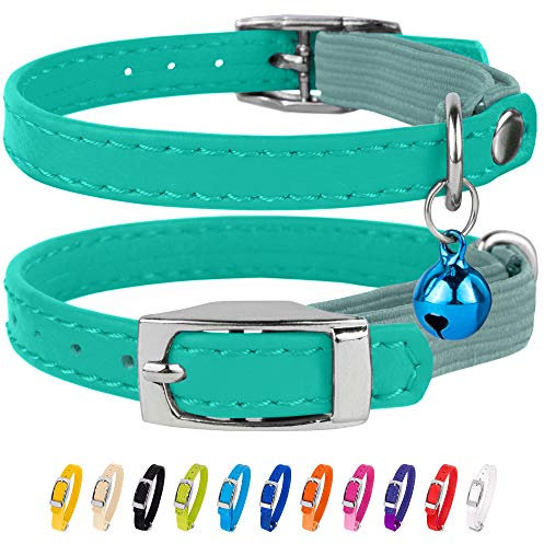 CollarDirect Leather Cat Collar with Removable Bell – Safety Kitten Collar with Elastic Strap (Mint Green, 15-18 cm)